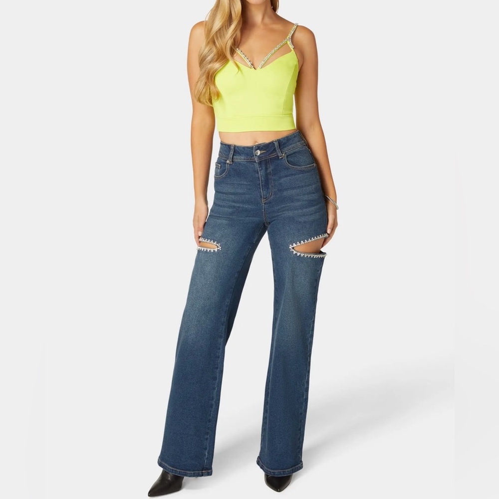 Bebe High Waist Studded Cut Out Wide Leg Jean